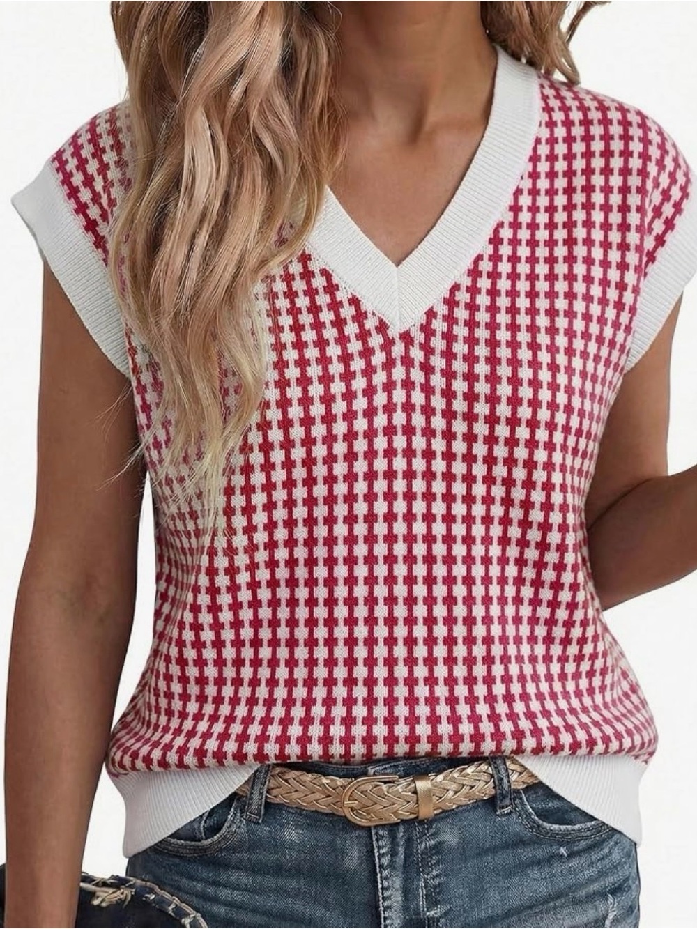 Women's Red & White V-Neck Knit Sweater Vest